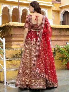 Maroon Sequin Applique Bridal <b>Lehenga</b> Choli Dupatta Raw Silk Embroidery Short Sleeves Knee-Length A-Line Silhouette Wedding - Product Image 3