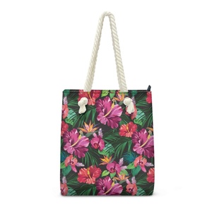 กระเป๋าถือลายดอกชบาฮาวายสำหรับสุภาพสตรี แบบดรอปชิป พิมพ์ลายตามสั่ง สายสะพายเชือก น้ำหนักเบา สไตล์ลำลอง กระเป๋าชายหาดสำหรับผู้หญิง - Product Image 1