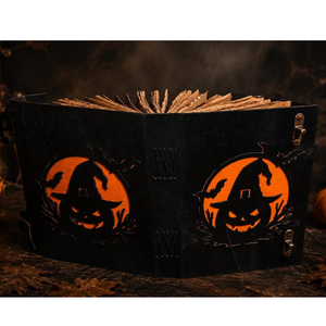 Journal en cuir fait main pour Halloween, motif citrouille sorcière ajouré, carnet gothique à double fermeture, grimoire à pages à bords festonnés - Product Image 6