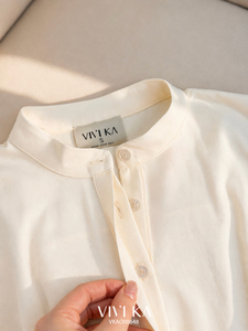 Blusa Corta Elegante para Mujer, Color Crema, con Pliegues, Cuello Mandarín, Estilo Peplum, Informal, para Oficina, de Algodón y Seda, Lisa, Teñida, IRENE - Product Image 6