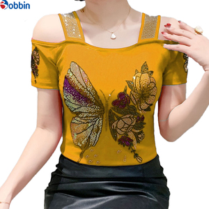 Camisetas de Verano con Logotipo Personalizado, Adorno de Mariposa con Pedrería, Transpirables, de Manga Corta, Cuello Cuadrado, para Niñas - Product Image 4