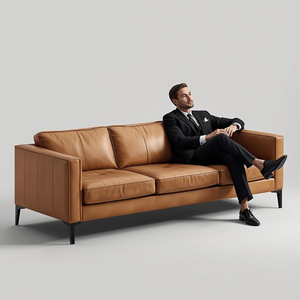 Sofá de Cuero Vacuno Genuino de Estilo Moderno de Mediados de Siglo, Sofá de Cuero Marrón de 3 Plazas con Líneas Minimalistas para Muebles de Sala de Estar - Product Image 2