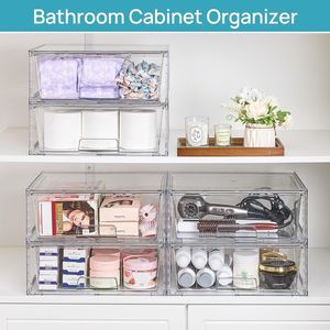 Grands tiroirs de rangement empilables, lot de 2, en acrylique transparent, organisateurs sous évier pour salle de bain, bacs en plastique à montage facile - Product Image 5