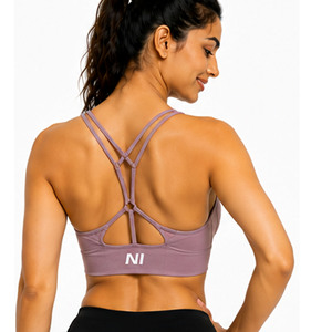 Women Seamless Sports Bra Crisscross Straps Scoop Neck Medium Support Breathable Fitness Workout Top Solid Color Front Logo - Product Image 6