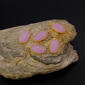 Gold Plated Unique Fashion Jewelry Pink Chalcedony Flower Carved Pendants with Bezel Set Oval Shape Floral Design Charms - Product Image 5