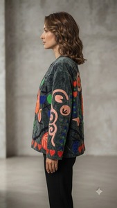 Chaqueta de Terciopelo Suzani Verde Oscuro de Diseño para Mujer, Bordada a Mano con Flores, Estilo Bohemio Étnico, Venta al Por Mayor - Product Image 3