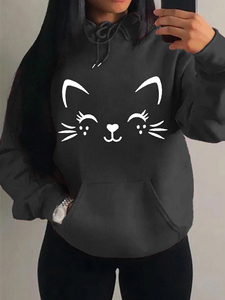 <b>Women's</b> Burgundy Hooded <b>Sweatshirt</b> Cartoon Cat Face Print Full Sleeve Knitted Oversized Casual Autumn Wear - Product Image 2