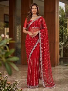 <b>Red</b> Silk Saree with Silver Embroidery Border and Matching <b>Blouse</b> for Wedding Occasion Women's Traditional Floor-Length Sari - Product Image 1