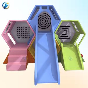 Structure de jeu intérieure moderne et épurée pour enfants avec cadre en nid d'abeille symétrique et intérieurs aux tons vibrants, incluant toboggans et escaliers - Product Image 6