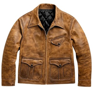 Veste en cuir véritable vintage pour homme, col rabattu, fermeture éclair, couleur unie, style motard pour l'automne - Product Image 6
