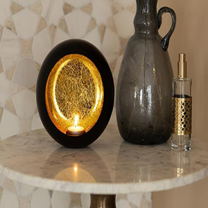 Porte-bougie rond en métal noir et or avec décoration dorée à l'intérieur, pour bougies chauffe-plat, décoration de Noël - Product Image 3