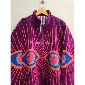 Purple <b>Velvet</b> Embroidered <b>Jacket</b> With Geometric Eye Pattern Full Sleeve Stand Collar Autumn Wear Hand Embroidery Design - Product Image 4