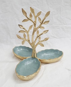 Handmade Wood <b>Light</b> Blue Enamel Cake Stand Round Shape Gold Branch Design Dishwasher Safe - Product Image 4