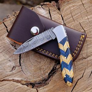 มีดพับเหล็กดามัสกัส ด้ามไม้มะกอกและไม้พัคก้า พร้อมปลอกมีด พกพาสะดวก ใช้สำหรับล่าสัตว์ ตั้งแคมป์ มีดสั่งทำพิเศษ OEM - Product Image 3