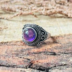 Amethyst Boho Tribal <b>Statement</b> <b>Ring</b> for Women Oxidized Silver 18K Gold Plated Brass Gemstone Jewelry Geometric Design Third - Product Image 3