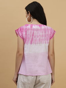 เสื้อผู้หญิงสีชมพู ลายมัดย้อม ผ้าลินิน แขนสั้น คอทรงโอ จับจีบ ทรงหลวม สวมใส่สบาย เหมาะสำหรับฤดูใบไม้ผลิและฤดูร้อน แต่งขอบด้วยลูกไม้ - Product Image 2
