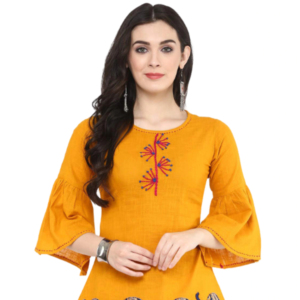 Haut en coton jaune patchwork, col à revers, manches trois quarts, coupe classique, conçu pour un toucher doux et naturel, idéal pour l'été. - Product Image 1