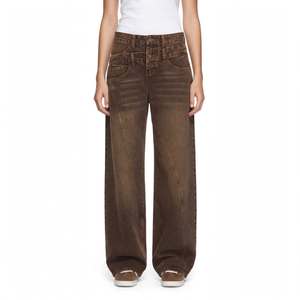 Jeans de mezclilla 100% algodón para mujer, de cintura alta, pierna ancha, doble cintura, color marrón, tallas grandes, resistentes a la decoloración, transpirables y ecológicos. - Product Image 4