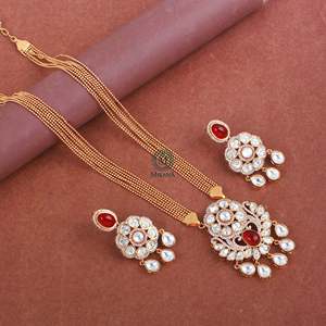 Aroo Ruby Polki Designer Pendant Set-Gold Plated Zircon Fine Jewelry for Festival & Bridal - Product Image 3