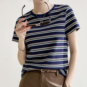 Camiseta extragrande de algodón de alta calidad para mujer, estampado de tiras personalizado con manga larga, ajuste holgado para el verano - Product Image 3