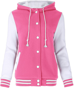 Veste universitaire à capuche pour femme, rose et blanc, à blocs de couleur, manches longues, fermeture éclair, respirante, style preppy, en laine/polyester, manteau d'hiver - Product Image 1