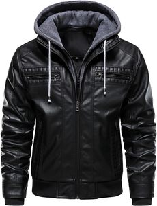 <b>Men</b> Black PU <b>Leather</b> Moto Biker <b>Jacket</b> Hooded Zipper Front Solid Color Autumn Style Slim Fit Regular Sleeve - Product Image 4