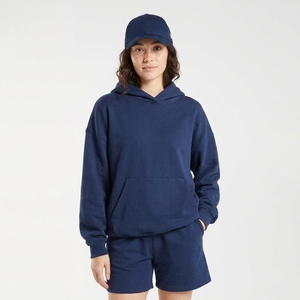 <b>Women's</b> <b>Navy</b> Blue Drop Shoulder Pullover Hoodie Long Sleeve Oversized <b>Fleece</b> Sweatshirt - Product Image 1