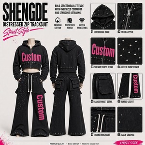 Custom Black <b>Crop</b> Hoodie With Rhinestone Studded <b>Zip</b> <b>Up</b> Tracksuit 100% Cotton Fabric Hoodie Wide Leg Trouser Two Piece Set - Product Image 6