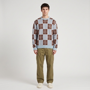 Suéter de punto a cuadros azul claro y marrón para hombre, jersey informal con cuello redondo y diseño jacquard, estilo streetwear. - Product Image 1