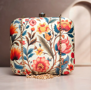 Elegant Floral Print Clutch Handbag Metal <b>Frame</b> Hard Case Premium Satin Fabric with Raw Silk Lining and Decorative Lock - Product Image 1