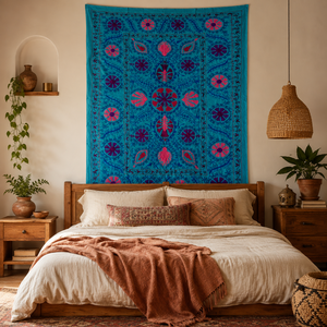 Couvre-lit en coton brodé Suzani fait main de luxe, turquoise rose, motif floral bohème, couvre-lit traditionnel indien, décoration ethnique pour la maison - Product Image 3