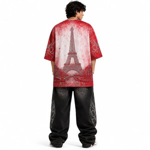 เสื้อยืดแขนสั้นผู้ชายทรงโอเวอร์ไซส์ พิมพ์ลายหอไอเฟลสีแดง คอกลม สไตล์สตรีท ผ้าโพลีเอสเตอร์ทอ ทรงยาว - Product Image 6