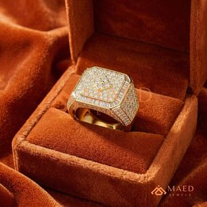 14K 18k Yellow Gold Men's Baguette Diamond Signet <b>Ring</b> | VVS Moissanite <b>Iced</b> Out Square <b>Ring</b> | Hip Hop Statement Jewellery - Product Image 3