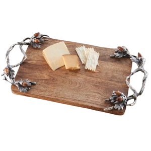 Bandeja de servir rectangular de madera de acacia hecha a mano con asas de peltre de lujo con diseño de rama de olivo, tabla de quesos y charcutería de lujo en oferta - Product Image 6