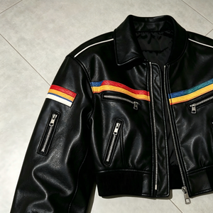 Custom Cropped Leather Motorcycle <b>Jacket</b> Women OEM Retro Racing <b>Biker</b> <b>Jacket</b> with Colorful Stripes Girl Short Riding <b>Jacket</b> - Product Image 4