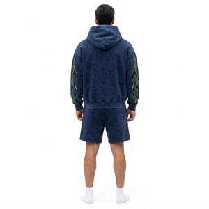 Ensemble de survêtement bleu marine à capuche pour homme, 100 % coton, manches longues, coupe ample, style streetwear avec cordon de serrage et poches latérales - Product Image 2