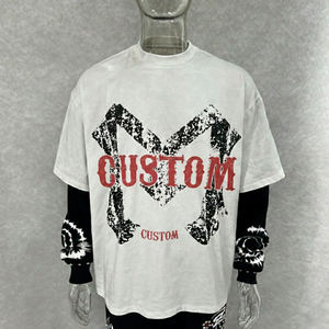 Camiseta para hombre con estampado digital personalizado, lavado ácido, corte cropped, cuello alto de sarga con efecto piedra, mangas cortas y doble capa de tejido gofrado - Product Image 2