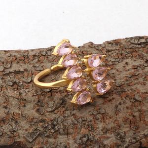 แหวนแฟชั่นชุบทองทำด้วยมือพลอยควอตซ์สีชมพูพร้อมชุดง่ามปรับได้แหวนทรงลูกแพร์ - Product Image 2
