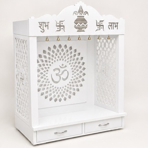 Elegant White Jali Pattern Teak Wood Temple Modern White Pooja Mandir with Storage <b>Drawers</b> Wooden Pooja Ghar With Om Australia - Product Image 2