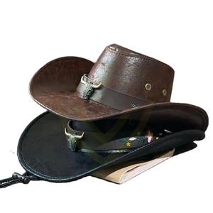 Chapeau de cowboy occidental vintage en cuir naturel avec décoration tête de vache pour homme - Product Image 5