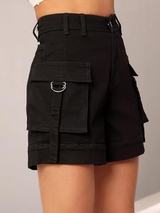 Shorts en jean pour femmes, noir uni, coupe classique, 100% coton, écologiques, taille mi-haute, ceinture, shorts vintage sexy - Product Image 1
