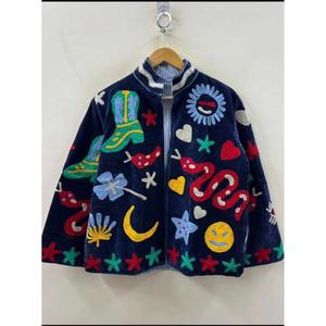 Premium Hand Embroidered <b>Velvet</b> Jacket Stand Collar Full Sleeve Autumn <b>Women's</b> <b>Coat</b> With Colorful Patchwork Design - Product Image 1