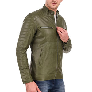 Blouson moto homme en cuir PU vert olive, col montant, fermeture éclair, coupe ajustée, longueur standard, pour l'automne - Product Image 3