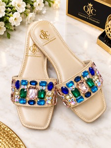 Mules plates beige à strass, sandales ouvertes, doublure en PU, tendance mode estivale, chaussures pour femmes - Product Image 3