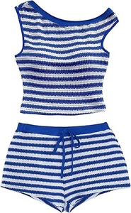 Women's Striped Knitted Crop <b>Top</b> And Shorts Set Off Shoulder Sleeveless Drawstring Waist Blue White Two Piece Outfit - Product Image 6