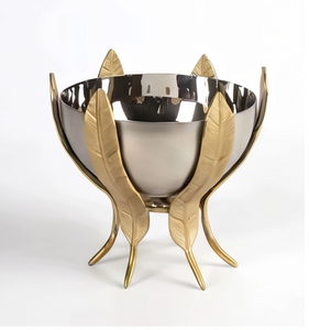 Bol décoratif luxueux en argent et or avec base à motif de feuilles pour une décoration élégante de la maison - Product Image 1