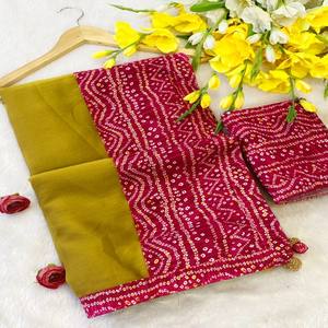 Sari de Chifón Premium VASTRA COTTAGE con Estampado Tradicional Bandhani y Borde en Contraste con Borlas - Product Image 4