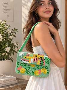 Beaded <b>Clutch</b> Women's Bohemian Style Cartoon Pattern Green <b>Yellow</b> Party Wedding Handbag Flap Closure No Strap - Product Image 2