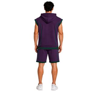 Conjunto Deportivo para Hombre, Morado Oscuro y Verde Oscuro, Sin Mangas, con Capucha, Logotipo Personalizado, para Gimnasio, Fitness, Entrenamiento, Sudadera con Capucha y Pantalones Cortos, Ropa Deportiva - Product Image 2