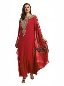 Women's Red Embroidered Abaya Floor Length Long Sleeve Sweetheart Neckline <b>Plus</b> <b>Size</b> Lightweight Shawl Collar Elegant Middle - Product Image 2